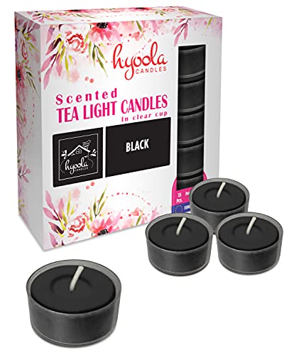 Hyoola Velas perfumadas de Tealight – Taza transparente – Velas de Tealight negras perfumadas – 6 horas de tiempo de combustión – Paquete de 15 – Hecho en Europa