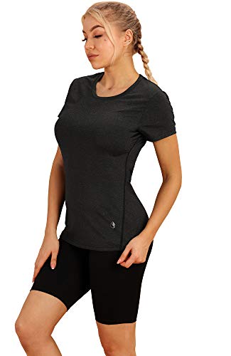 icyzone Camiseta de Fitness de Manga Corta para Mujer, Pack de 3 (M, Negro/Granito/Naranja)