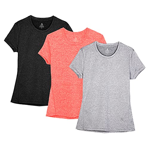 icyzone Camiseta de Fitness de Manga Corta para Mujer, Pack de 3 (M, Negro/Granito/Naranja)