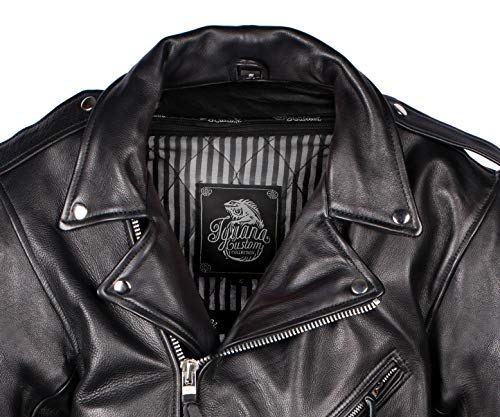 IGUANA CUSTOM - Chaqueta de moto de piel para hombre de estilo rockero CRUZADA de cuero de primera calidad, con protecciones y forro térmico desmontable. (L)