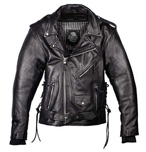 IGUANA CUSTOM - Chaqueta de moto de piel para hombre de estilo rockero CRUZADA de cuero de primera calidad, con protecciones y forro térmico desmontable. (L)