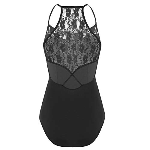 iiniim Maillot Espalda Cruzada Encaje Floral Mujer Maillot Ballet Danza Baile Leotardo de Gimnasia Clásico Fiesta Danza Clasico Body Mono sin Mangas Bodysuit para Actuación Fiesta Negro S