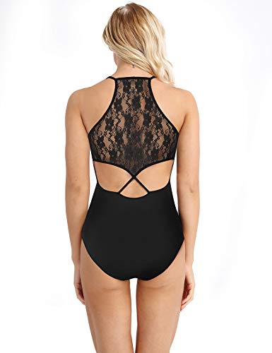 iiniim Maillot Espalda Cruzada Encaje Floral Mujer Maillot Ballet Danza Baile Leotardo de Gimnasia Clásico Fiesta Danza Clasico Body Mono sin Mangas Bodysuit para Actuación Fiesta Negro S