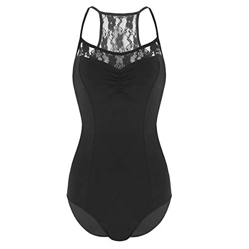 iiniim Maillot Espalda Cruzada Encaje Floral Mujer Maillot Ballet Danza Baile Leotardo de Gimnasia Clásico Fiesta Danza Clasico Body Mono sin Mangas Bodysuit para Actuación Fiesta Negro S