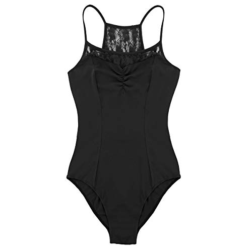 iiniim Maillot Espalda Cruzada Encaje Floral Mujer Maillot Ballet Danza Baile Leotardo de Gimnasia Clásico Fiesta Danza Clasico Body Mono sin Mangas Bodysuit para Actuación Fiesta Negro S