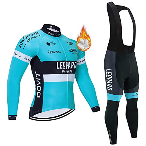 Invierno Hombre Maillot Ciclismo Mangas Largas, Conjunto Ropa Ciclismo con Forro Térmico y Pantalones Ciclismo Largos con Acolchado 3D para Deportes al Aire Libre