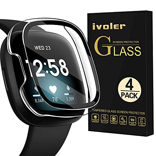 ivoler 4 Pack, Protector de Pantalla para Fitbit Versa 3 / Fitbit Sense, Vidrio Templado HD con PC Funda, Fundas Protectoras para Reloj Fitbit Versa 3/Sense