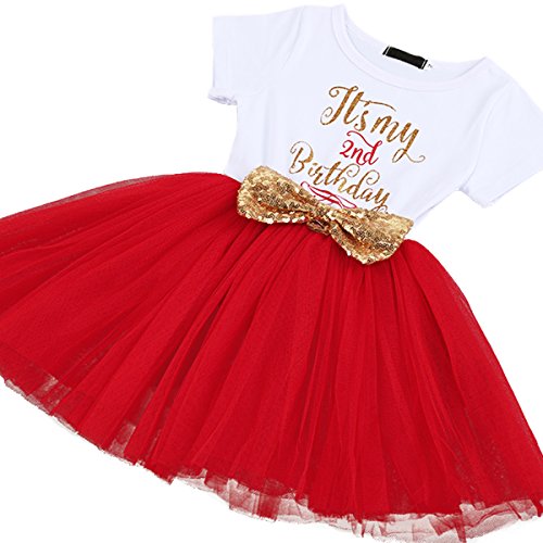 IWEMEK Bebé Niñas Es mi 1º / 2º Cumpleaños Lentejuela Arco Tutú Princesa Vestido de Fiesta Rojo