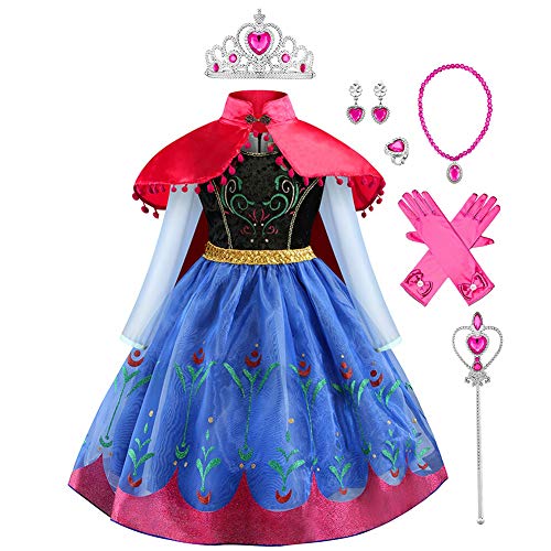 IWEMEK Disfraz Anna Niña Vestido de Princesa Ana con Capa Accesorios Set Traje Carnaval Halloween Navidad Fiesta Theme Fancy Dress Costume Regalos de cumpleaños Outfits Azul Set 3-4 años