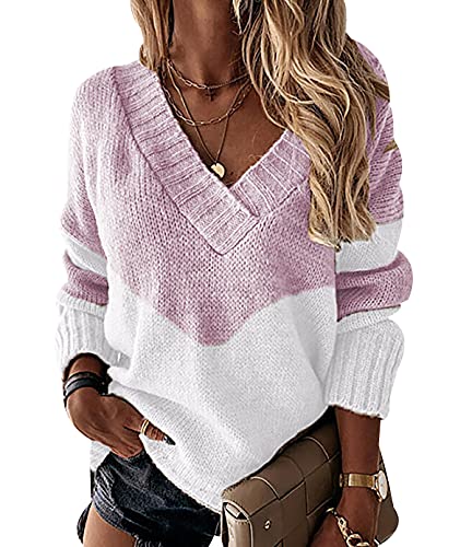 Jersey Punto Cuello Pico Mujer Invierno Sueter Mujer Manga Larga Jerséis Pullover Ochos Oversize Cuello V Talla Grande Jerseys Leopardo Modernos Jerseis de Mujer Tallas Grandes Suéter Otoño Rosa XXL