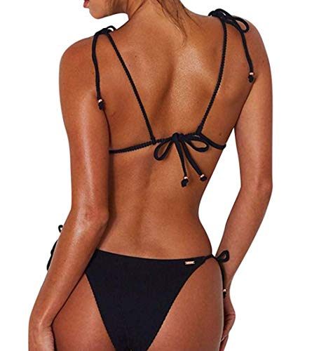 JFAN Bikini de Lazo Acanalado para Mujer Traje de Baño Brasileño con Parte Inferior Descarada(Negro,L)