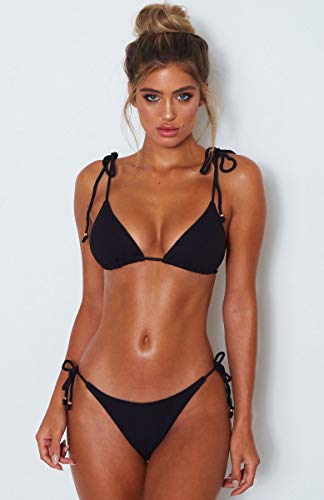 JFAN Bikini de Lazo Acanalado para Mujer Traje de Baño Brasileño con Parte Inferior Descarada(Negro,L)