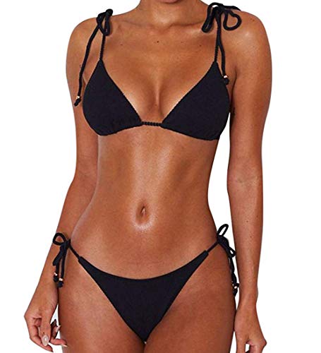 JFAN Bikini de Lazo Acanalado para Mujer Traje de Baño Brasileño con Parte Inferior Descarada(Negro,L)