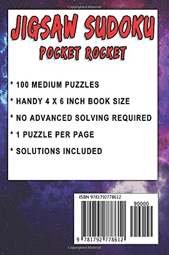 Jigsaw Sudoku Pocket Rocket- 100 Medium Pocket Size Jigsaw Sudoku Puzzles - Volume 4: Handy 4 x 6 inch layout – 1 Puzzle per Page (Medium Jigsaw Sudoku Pocket Rocket)