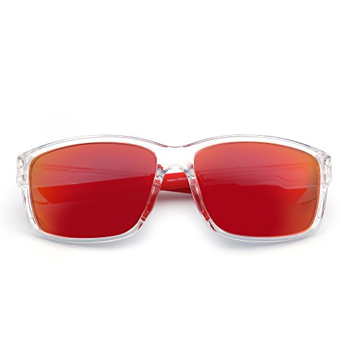 JIM HALO Polarizadas Deporte Gafas de Sol Espejo Envolver Alrededor Conducir Pescar Hombre Mujer(Transparente/Rojo)