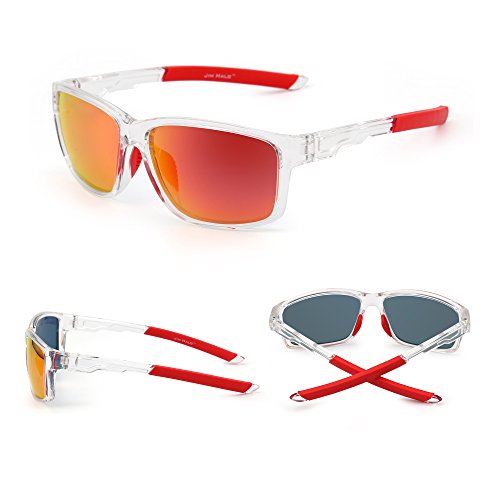 JIM HALO Polarizadas Deporte Gafas de Sol Espejo Envolver Alrededor Conducir Pescar Hombre Mujer(Transparente/Rojo)