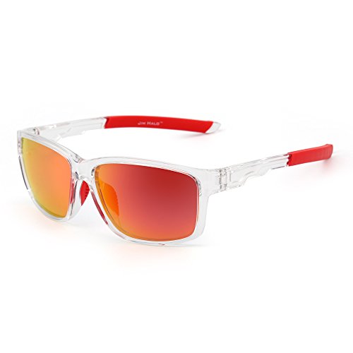 JIM HALO Polarizadas Deporte Gafas de Sol Espejo Envolver Alrededor Conducir Pescar Hombre Mujer(Transparente/Rojo)