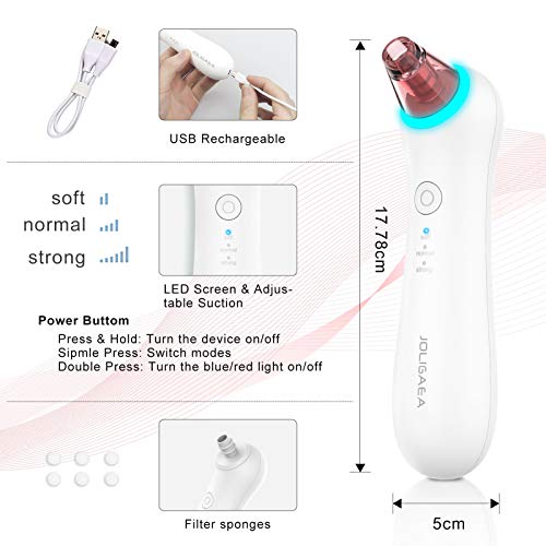 JOLIGAEA Limpiador de Poros Facial con Luz Azul/Rojo, Succionador de Puntos Negros Limpiador Facial Blackhead Remover Kit, USB Recargable, 4 Cabezales y 3 Modos para Espinillas y Acné