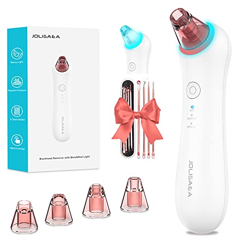 JOLIGAEA Limpiador de Poros Facial con Luz Azul/Rojo, Succionador de Puntos Negros Limpiador Facial Blackhead Remover Kit, USB Recargable, 4 Cabezales y 3 Modos para Espinillas y Acné