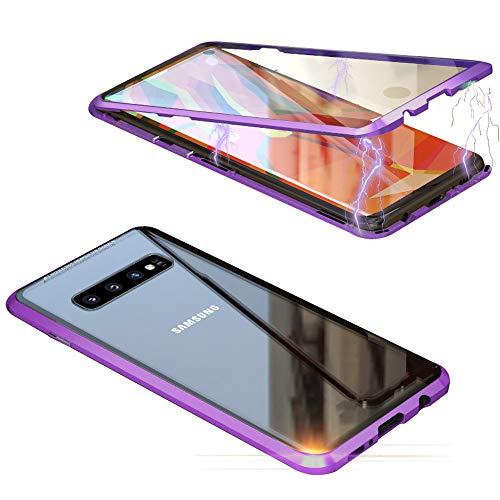 Jonwelsy Funda para Samsung Galaxy S10, Adsorción Magnética Parachoques de Metal con 360 Grados Protección Case Cover Transparente Ambos Lados Vidrio Templado Cubierta para Samsung S10 (Morado)