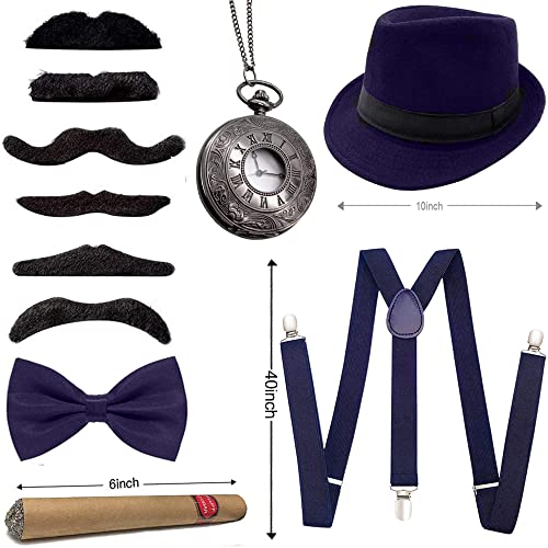 JORAKI Accesorios Hombre los Años 20 con Sombrero Gángster Tirante Pajarita Reloj de Bolsillo Bigote Falso,Disfraz de Hombre para Gángster Fiesta Bailes de Halloween (Navy)