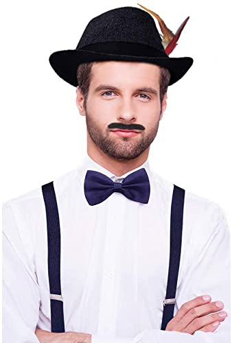 JORAKI Accesorios Hombre los Años 20 con Sombrero Gángster Tirante Pajarita Reloj de Bolsillo Bigote Falso,Disfraz de Hombre para Gángster Fiesta Bailes de Halloween (Navy)