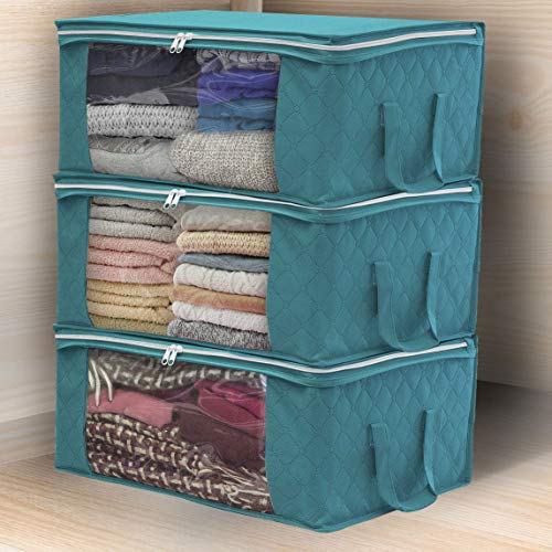 JSENGE Bolsa De Almacenamiento De Ropa Plegable, Almacenaje Bajo La Cama, Contenedor para Ropa De Tela, para Edredones Fundas Almohadas Juguetes Chaquetas Ropa, 48 x 35 x 20 cm, 3 Piezas