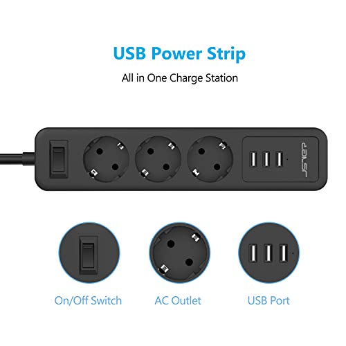 JSVER Regleta Enchufes USB, Proteccion Sobretension con 3 Toma de Corriente y 3 USB Puertos(5V2,4A) USB Estación de Carga Inteligente USB Tomas Alargadora con Cable 2m-Negro