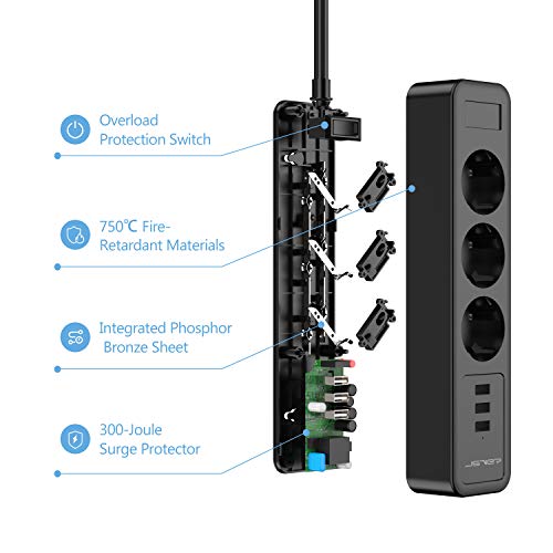 JSVER Regleta Enchufes USB, Proteccion Sobretension con 3 Toma de Corriente y 3 USB Puertos(5V2,4A) USB Estación de Carga Inteligente USB Tomas Alargadora con Cable 2m-Negro