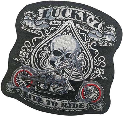 Juego de parches bordados grandes para motocicleta, personalizados, con diseño de calaveras Lucky 7 Bikes Live to Ride para ropa MC Chaleco, mochilas de 25 x 25 cm