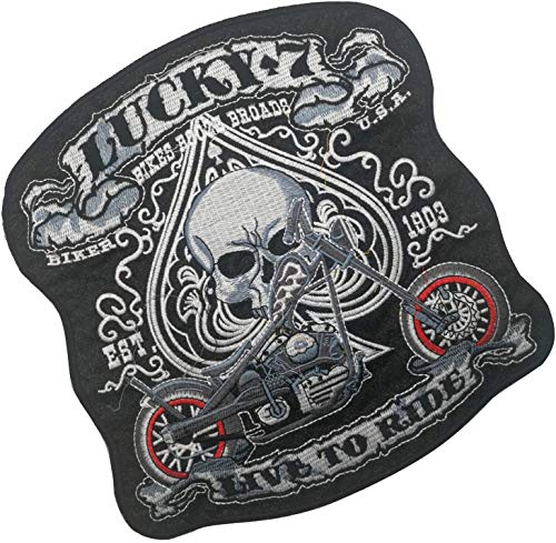 Juego de parches bordados grandes para motocicleta, personalizados, con diseño de calaveras Lucky 7 Bikes Live to Ride para ropa MC Chaleco, mochilas de 25 x 25 cm