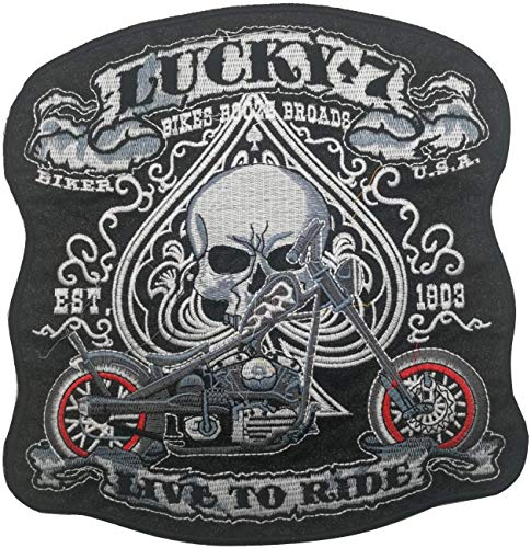 Juego de parches bordados grandes para motocicleta, personalizados, con diseño de calaveras Lucky 7 Bikes Live to Ride para ropa MC Chaleco, mochilas de 25 x 25 cm