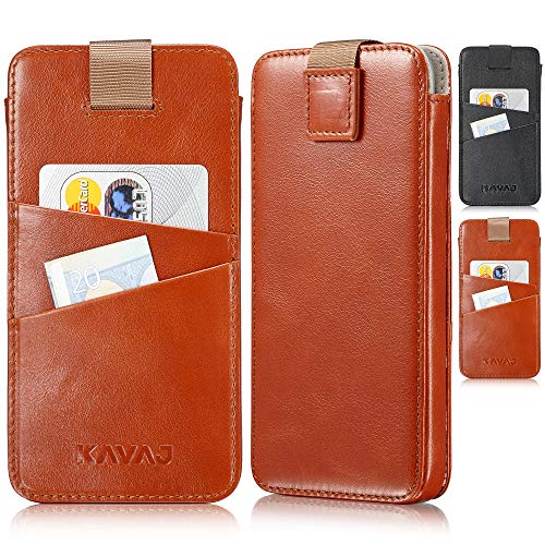 KAVAJ Funda Compatible con Apple iPhone 12 Pro MAX 6.7" Cuero - Miami - Marrón coñac Carcasa Case Bumper con Compartimento para Tarjetas