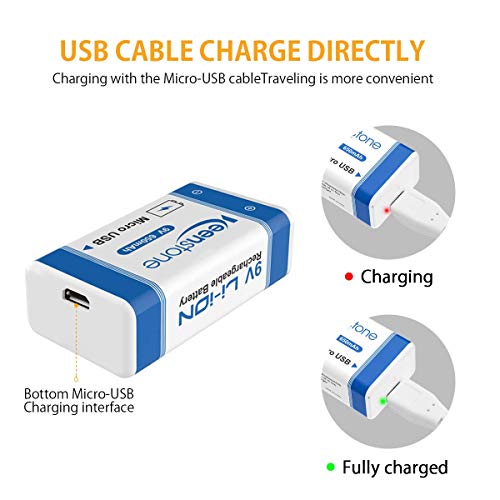 Keenstone 9V USB Pilas Recargables, 4 Pack 650mAh Li-Ion Bateria con 2pcs Micro USB Cables, 2 Maneras de Carga y 500 Ciclos, para Múltimetro, Detector de Humo, Radio, Micrófono, Juguetes, Antorchas