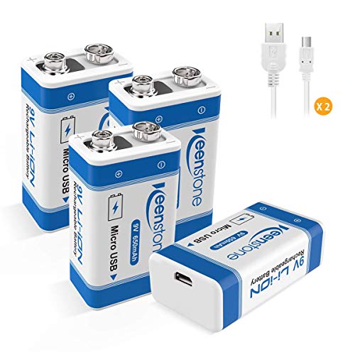 Keenstone 9V USB Pilas Recargables, 4 Pack 650mAh Li-Ion Bateria con 2pcs Micro USB Cables, 2 Maneras de Carga y 500 Ciclos, para Múltimetro, Detector de Humo, Radio, Micrófono, Juguetes, Antorchas