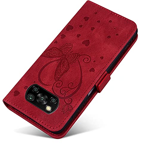 Keikail Funda Xiaomi Poco X3 NFC / X3 Pro / X3, Flip Caso Magnética Tarjetero Tapa de Cuero, Patrón de Mariposa, Carcasa Libro Protección para Xiaomi Poco X3 NFC / X3 Pro / X3, Rojo