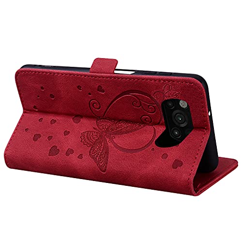 Keikail Funda Xiaomi Poco X3 NFC / X3 Pro / X3, Flip Caso Magnética Tarjetero Tapa de Cuero, Patrón de Mariposa, Carcasa Libro Protección para Xiaomi Poco X3 NFC / X3 Pro / X3, Rojo