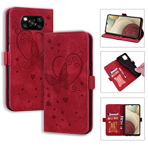 Keikail Funda Xiaomi Poco X3 NFC / X3 Pro / X3, Flip Caso Magnética Tarjetero Tapa de Cuero, Patrón de Mariposa, Carcasa Libro Protección para Xiaomi Poco X3 NFC / X3 Pro / X3, Rojo