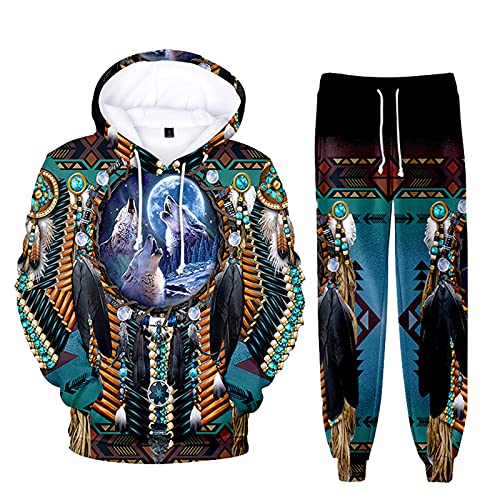 kewing Indio Nativo Hoodie Unisex Chándal Conjunto de 2 Piezas Manga Larga Mujeres Hombres Sudadera con Capucha + Pantalones Deportivos Ropa Deportiva Impresa en 3D