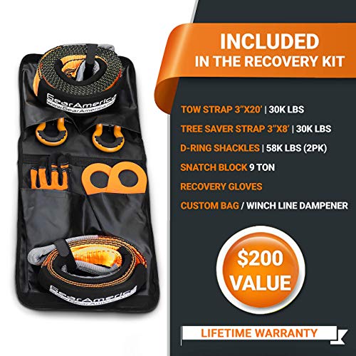 Kit de Recuperación Off-Road GearAmerica | Correa de remolque + Protector de árbol + Bloque de arranque + Grilletes con anilla en D naranja + Bolso amortiguador Winch Line + Guantes | Accesorios 4x4