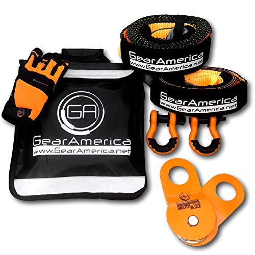 Kit de Recuperación Off-Road GearAmerica | Correa de remolque + Protector de árbol + Bloque de arranque + Grilletes con anilla en D naranja + Bolso amortiguador Winch Line + Guantes | Accesorios 4x4