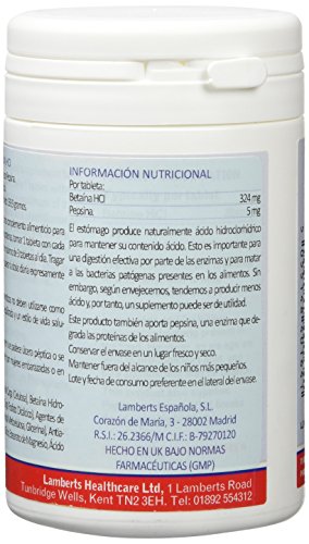 Lamberts Betaína HCl 324mg Pepsina 5mg - 180 Tabletas
