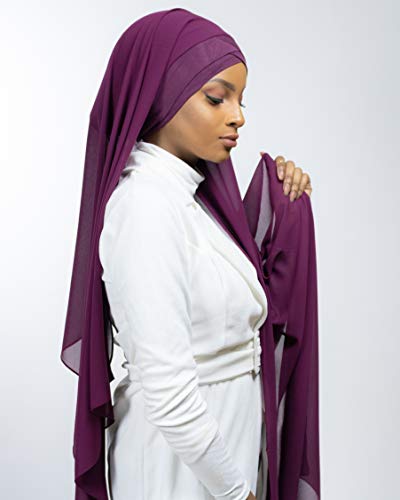 Lamis Hijab - Pañuelo cruzado con gorro integrado para mujer musulmana, velada, chal islámico, velo enfilable, ciruela, Talla única