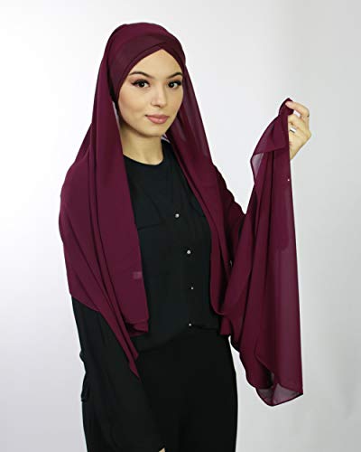 Lamis Hijab - Pañuelo cruzado con gorro integrado para mujer musulmana, velada, chal islámico, velo enfilable, ciruela, Talla única