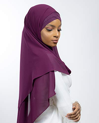 Lamis Hijab - Pañuelo cruzado con gorro integrado para mujer musulmana, velada, chal islámico, velo enfilable, ciruela, Talla única