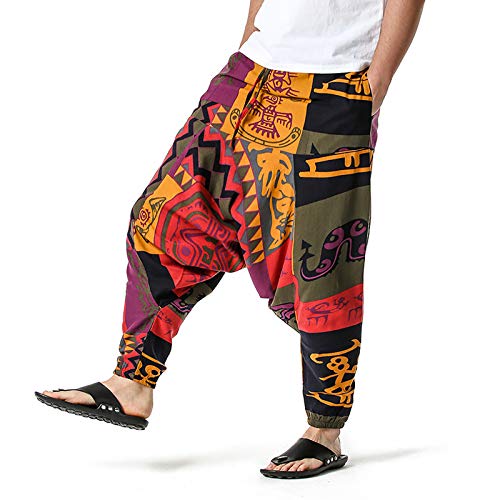 Laoluo Sarouel Pantalón para hombre algodón lino baggy yoga informal entresas medias cómodos transpirables ocio hip hop Harem pants retro cordón de ajuste grande deportivo chándal 6 caqui M