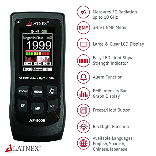 LATNEX AF-5000 5G EMF Meter RF Detector Tester y Lector con Certificado de Calibración - Pruebas y Medidas RF y Microondas, 3 ejes Gauss o Tesla Campos Magnéticos y ELF Eléctricos Campos