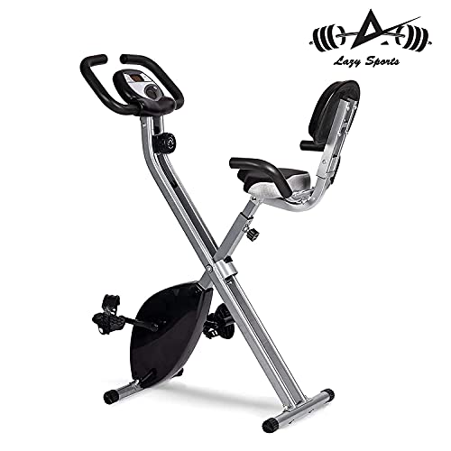 LAZY SPORTS Bicicleta estática spinning plegable, magnetorresistencia de nivel 8, asiento con apoyabrazos y respaldo, pantalla LCD, carga máx.120Kg