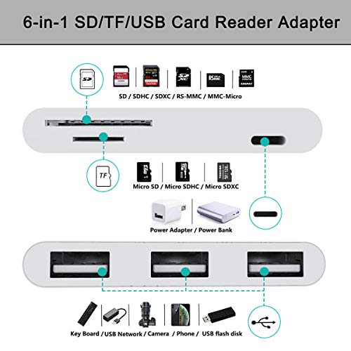 Lector de Tarjetas SD TF Hub 6 en 1 USB Adaptador de Cámara con 3 USB Hembra OTG, Lector de Tarjetas y Puerto de Carga para Phone 12 11 XS XR/X/8/7/Pad,Compatible con USB Flash Drive, Ratón, Teclado