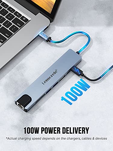 Lemorele Hub USB C Ethernet -9 en 1,Aluminio Espacial Adaptador USB C Hub con HDMI 4K, Carga Súper Rápida de 100W, 2 USB 3.0, SD/TF,Adaptador MacBook M1 Air/Pro,iPad Pro M1, Switch, Chromecast,Windows